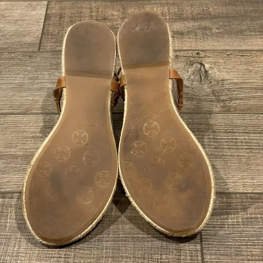 Tory Burch Brown Leather Emmy Flat Espadrilles Thong Sandals Size 8B Womens
